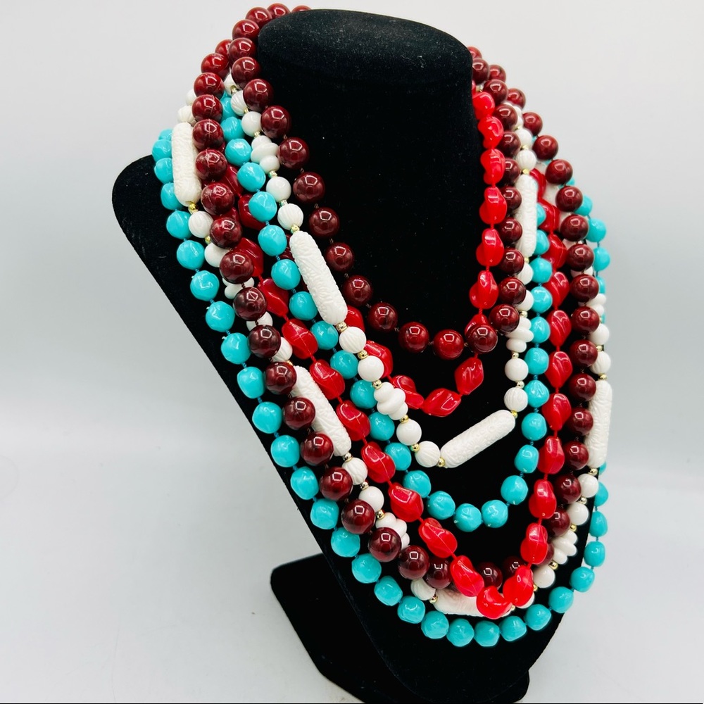 Lot of 4 vintage SARAH COVENTRY plastic bead necklaces red turquoise white - Picture 12 of 12